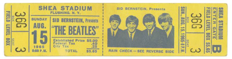 The Beatles Shea Stadium Concert Ticket, August 15, 1965