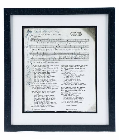 Bob Dylan signed and inscribed lyrics for "He's Only A Pawn In Their Game"