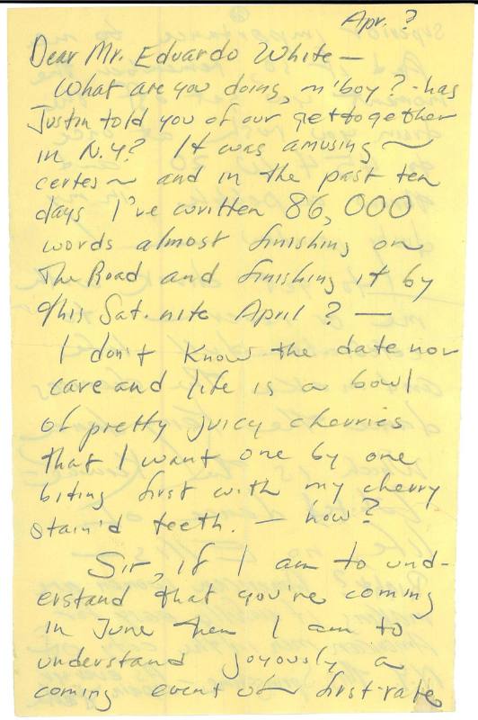 Jack Kerouac letter, regarding "On the Road"