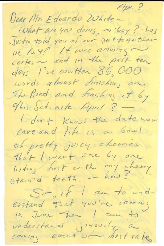 Jack Kerouac letter, regarding "On the Road"