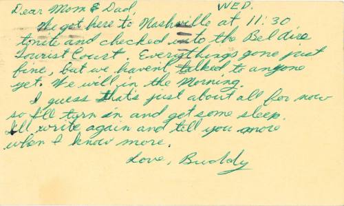 Buddy Holly handwritten postcard to his parents