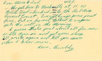 Buddy Holly handwritten postcard to his parents