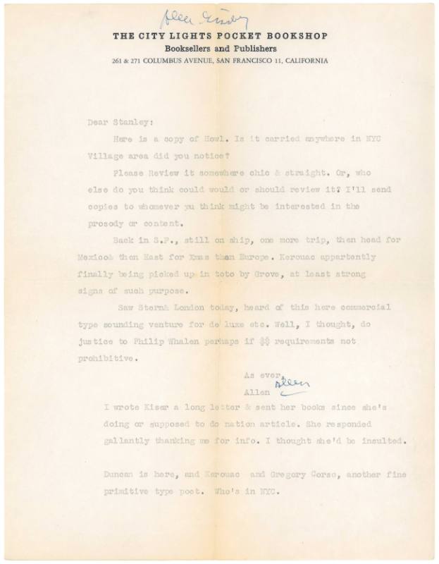 Letter from Allen Ginsberg to Stanley Kunitz