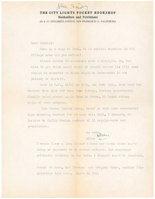 Letter from Allen Ginsberg to Stanley Kunitz