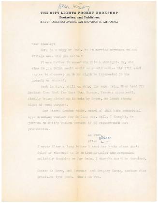 Letter from Allen Ginsberg to Stanley Kunitz